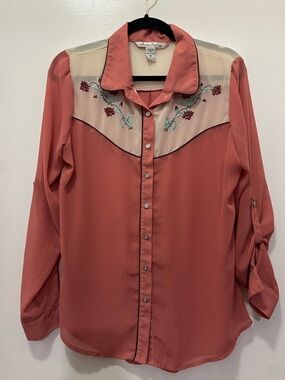 American Rag Western Embroidered Button-Down Blouse - Sheer Sz M